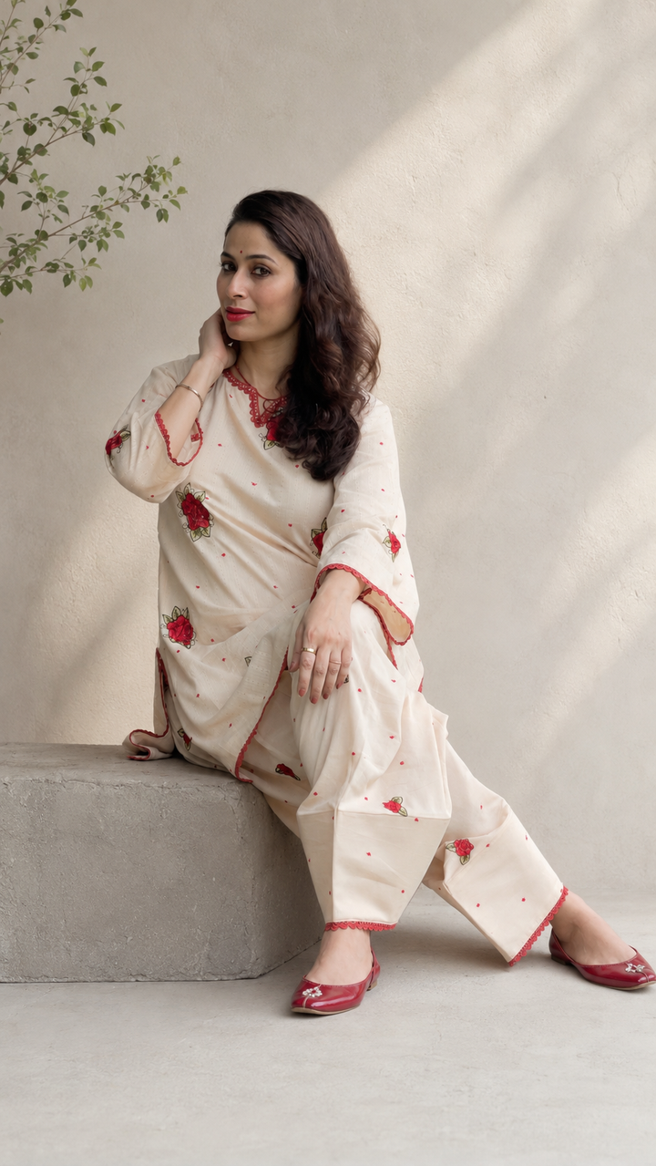Ivory embroidered women’s co-ord set with red rose detailing by Lush Layers