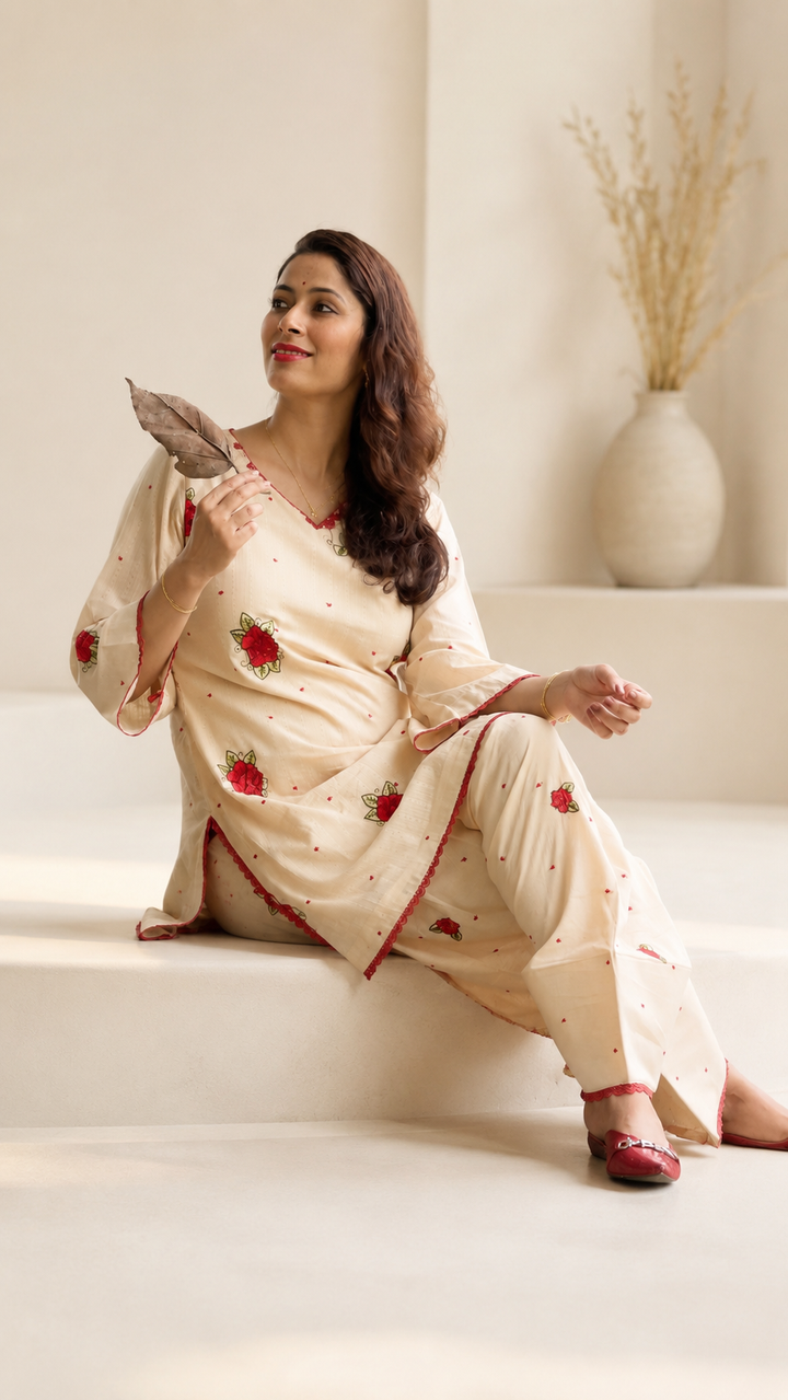 Ivory embroidered women’s co-ord set with red rose detailing by Lush Layers
