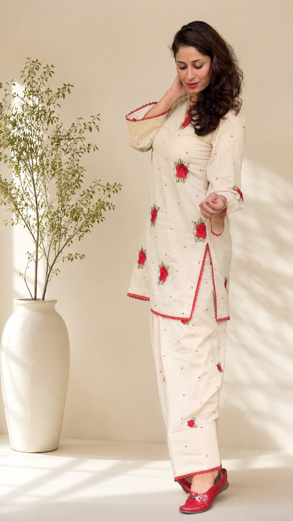 Ivory embroidered women’s co-ord set with red rose detailing by Lush Layers