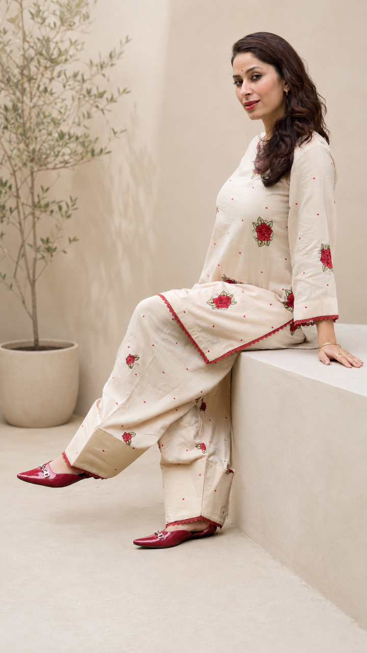 Ivory embroidered women’s co-ord set with red rose detailing by Lush Layers
