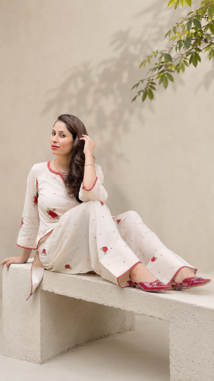 Ivory embroidered women’s co-ord set with red rose detailing by Lush Layers