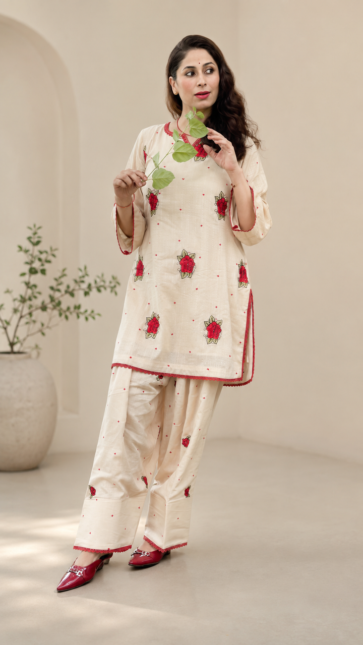 Ivory embroidered women’s co-ord set with red rose detailing by Lush Layers