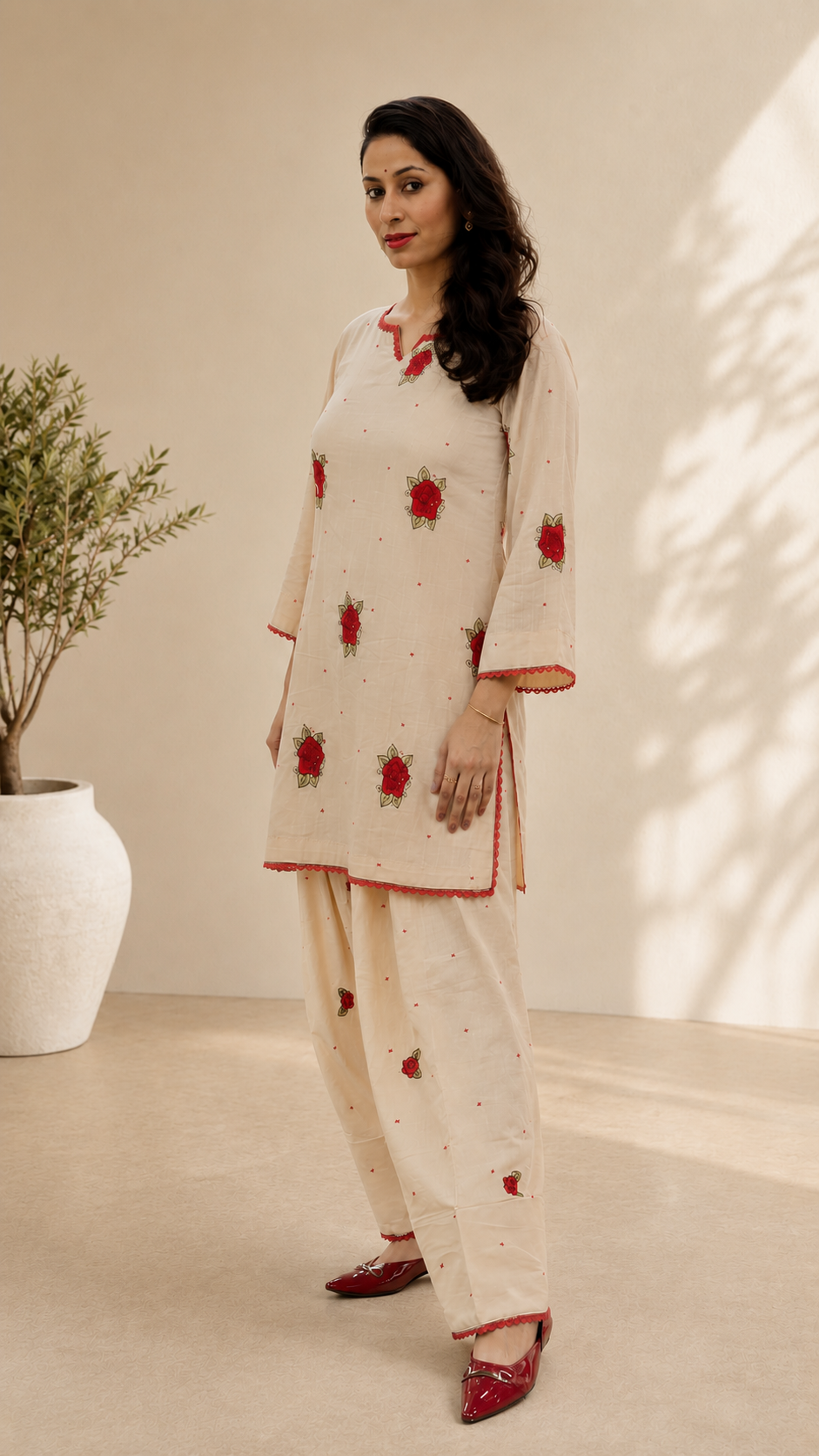 Ivory embroidered women’s co-ord set with red rose detailing by Lush Layers