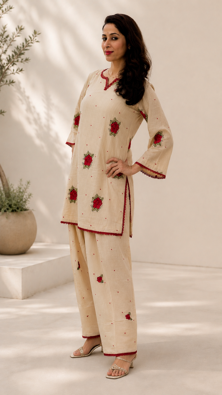 Ivory embroidered women’s co-ord set with red rose detailing by Lush Layers