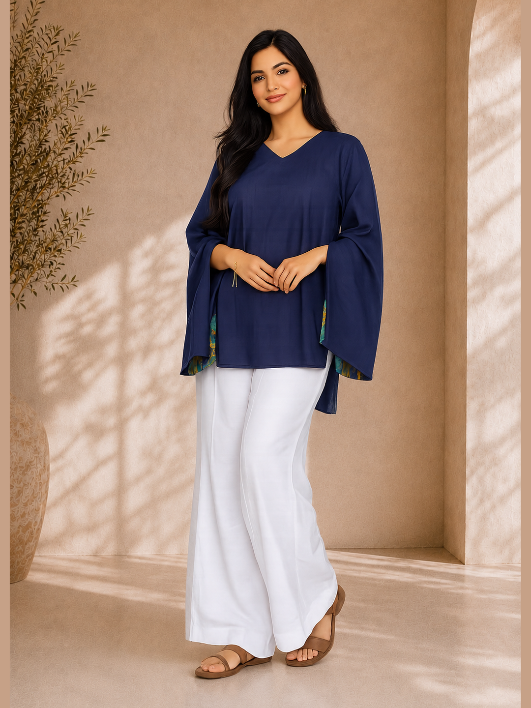 Navy Blue Flared Sleeve Top