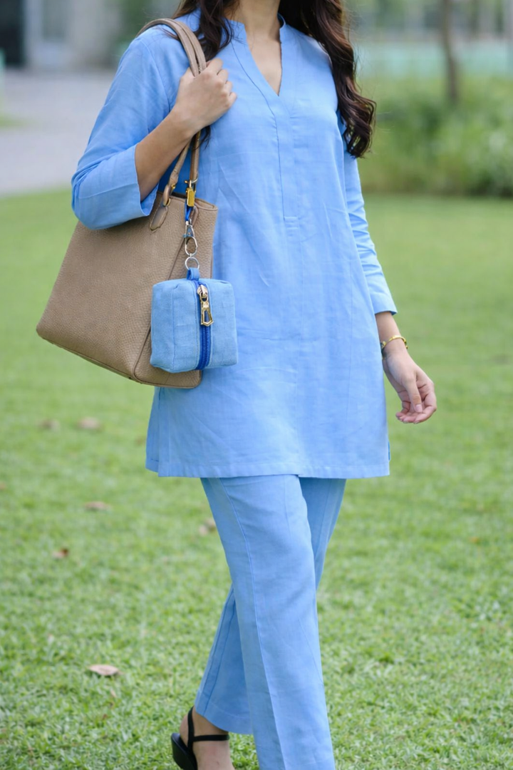 Blue Breeze Cotton Linen Co-Ord Set, cotton linen co ord set, blue co cord set, set with pouch, blue pouch, small bag, matching pouch