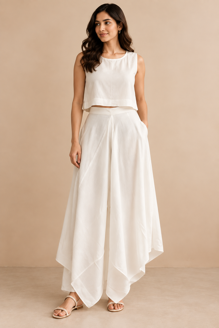 Shop ivory rayon cowl pants for women by Lush Layers. A soft, fluid draped silhouette designed for comfortable and contemporary Indo-western styling.