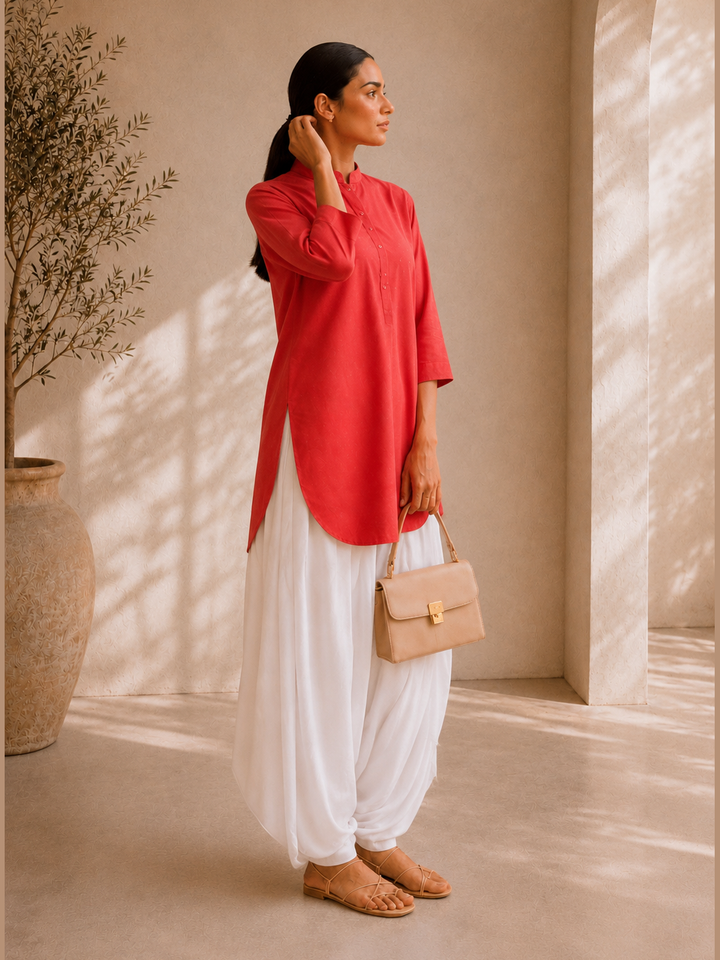 Coral Red Cotton Viscose Long Shirt