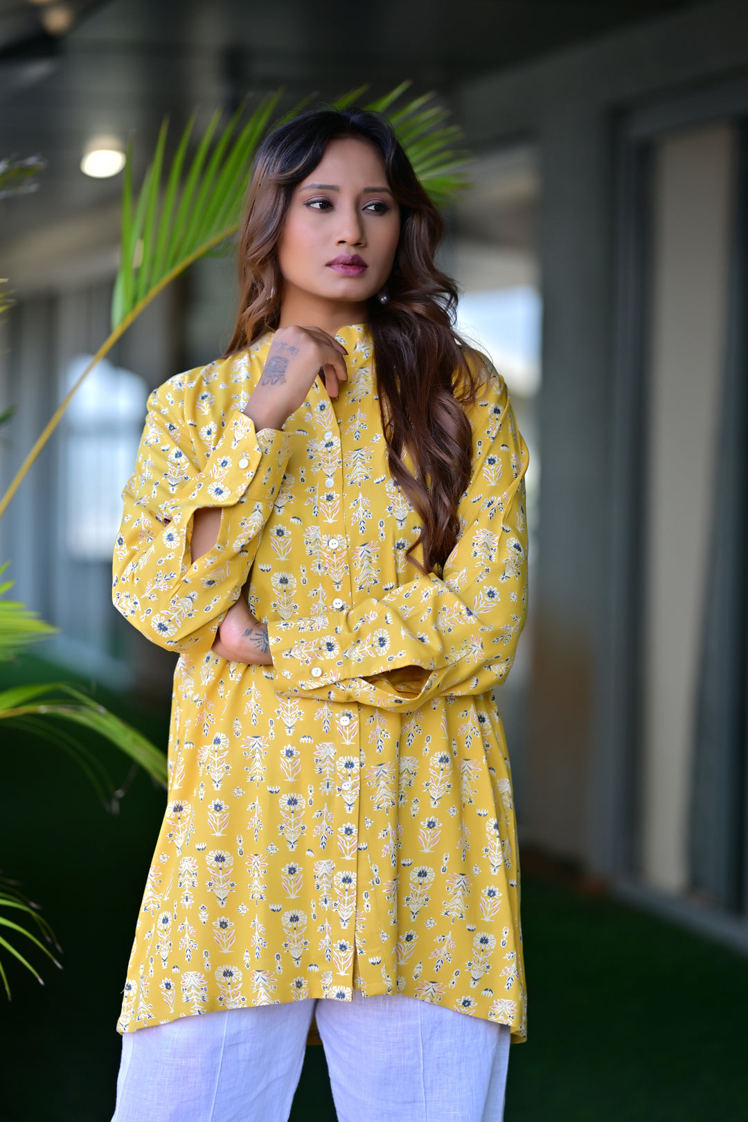 Floral Sunshine Light Shirt, rayon shirt, yellow shirts, long shirts, indowestern shirts, modern ethnic shirts, office wear shirts, indowestern shirts, modern ethnic shirts, office wear shirts


