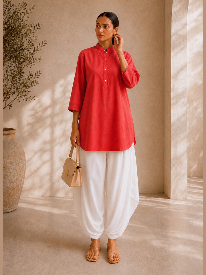 Coral Red Cotton Viscose Long Shirt