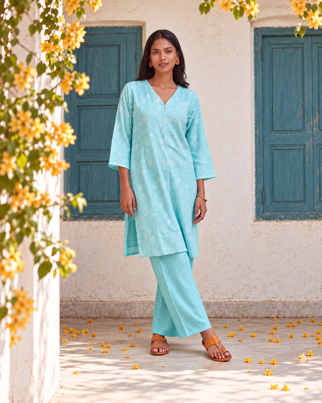 Discover the aqua blue embroidered kurta set by Lush Layers, featuring white paisley details, a V-neck and matching trousers for festive occasions.