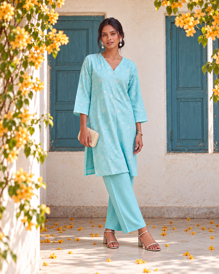 Discover the aqua blue embroidered kurta set by Lush Layers, featuring white paisley details, a V-neck and matching trousers for festive occasions.