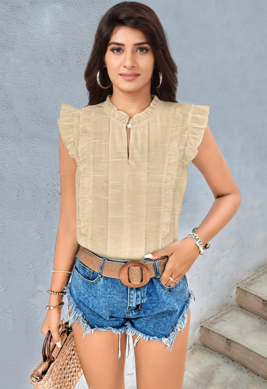Slub Cotton Brown Frill Blouse – LUSH LAYERS - Main Image