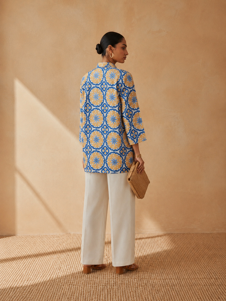 OFF-WHITE AND BLUE COTTON A-LINE SHIRT