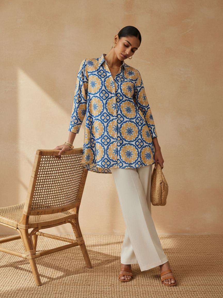 OFF-WHITE AND BLUE COTTON A-LINE SHIRT