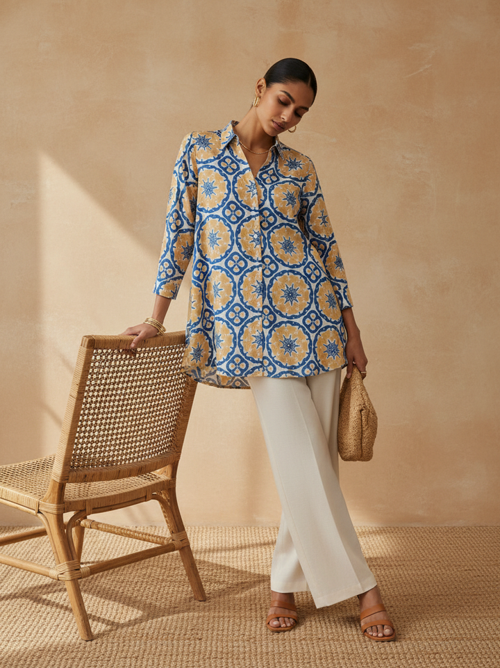 OFF-WHITE AND BLUE COTTON A-LINE SHIRT