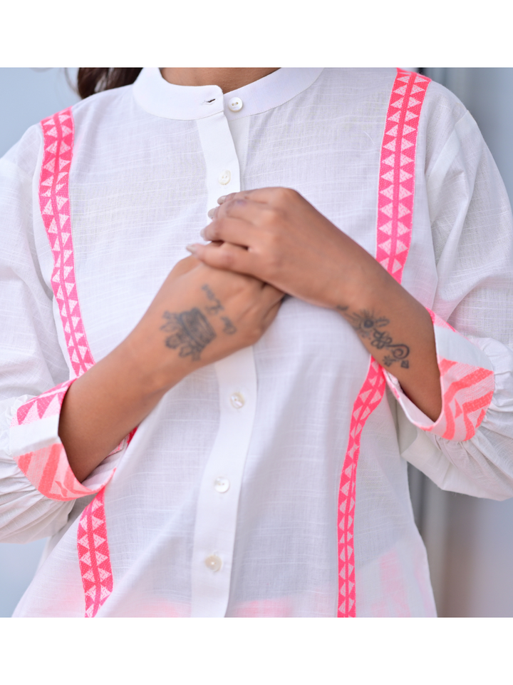 Linen Handloom Stripes Set, two piece outfits for women, co ord sets women, Cotton co ord set, pink & White co cord set