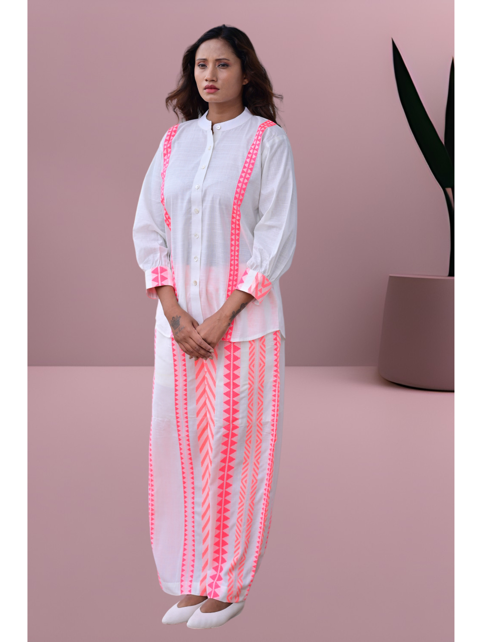 Linen Handloom Stripes Set, two piece outfits for women, co ord sets women, Cotton co ord set, pink & White co cord set