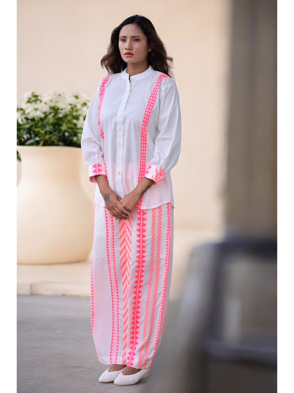 Linen Handloom Stripes Set, two piece outfits for women, co ord sets women, Cotton co ord set, pink & White co cord set