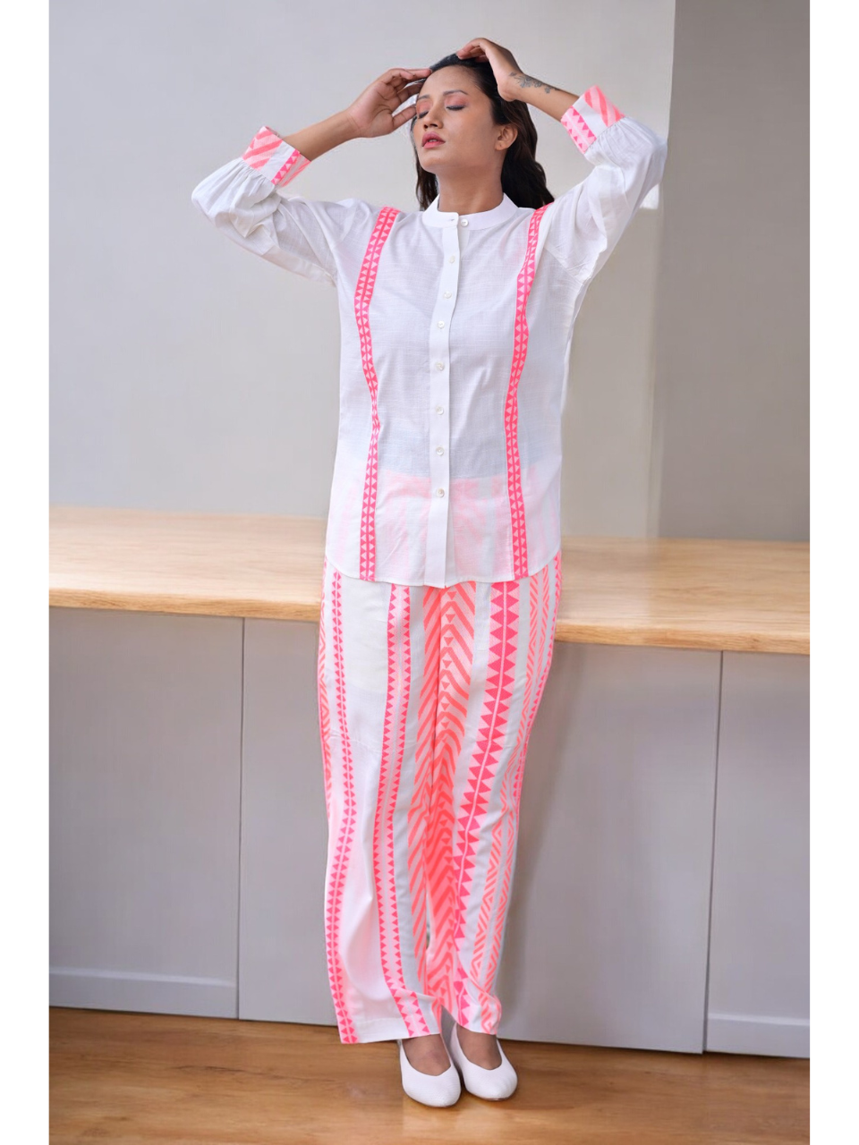 Linen Handloom Stripes Set, two piece outfits for women, co ord sets women, Cotton co ord set, pink & White co cord set