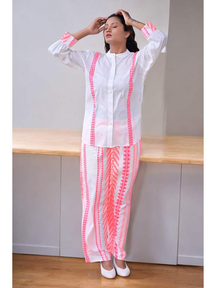 Linen Handloom Stripes Set, two piece outfits for women, co ord sets women, Cotton co ord set, pink & White co cord set