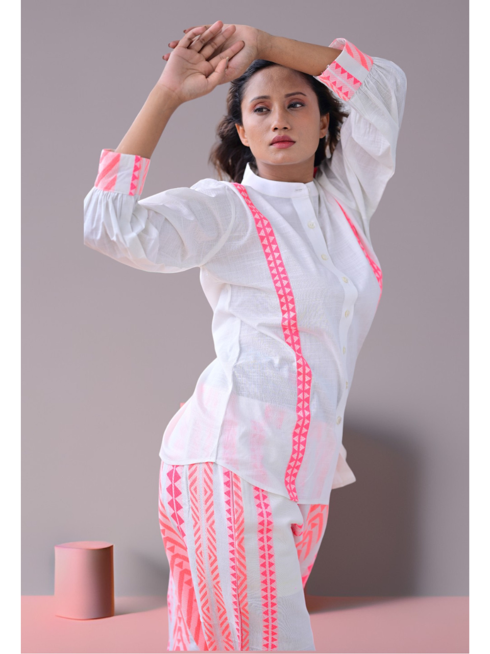 Linen Handloom Stripes Set, two piece outfits for women, co ord sets women, Cotton co ord set, pink & White co cord set