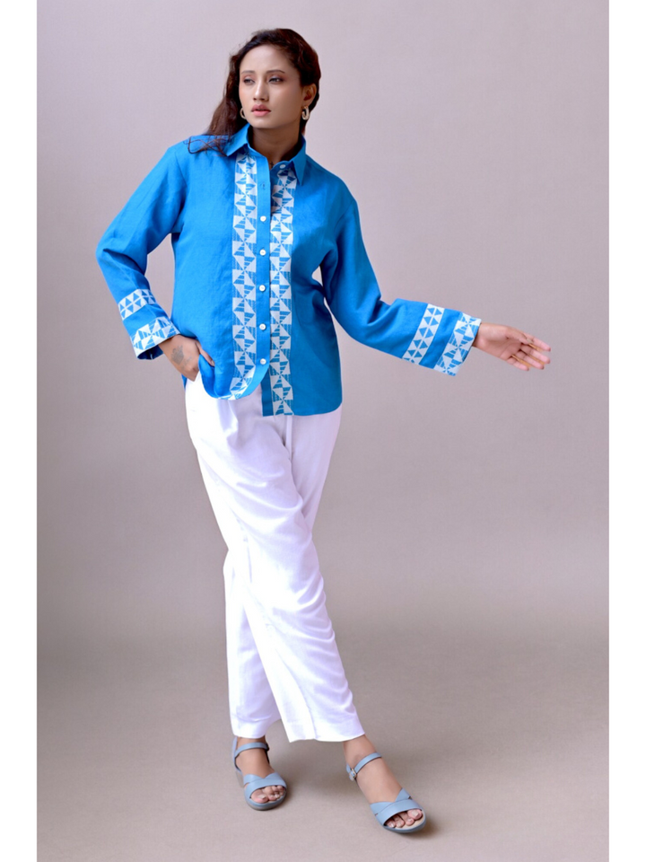 Handloom Blue Linen Shirt,  ladies t shirts, t shirts for women, shirts for women, women shirts, ladies t shirts and tops, women's shirts, blue t shirt women, crop t shirts for women, crop shirts for women, down shoulder t shirt, women crop shirt, women in blue shirts, crop shirt online, crop top and shirts, long shirts, shirts long, party wear long tops on jeans, linen shirts