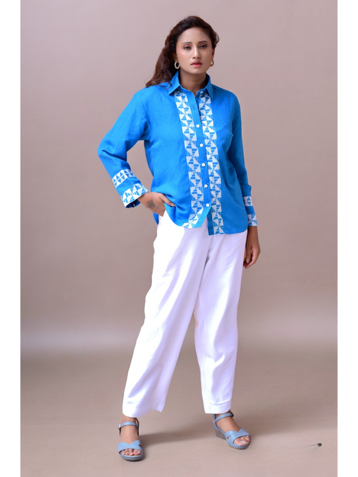 Handloom Blue Linen Shirt,  ladies t shirts, t shirts for women, shirts for women, women shirts, ladies t shirts and tops, women's shirts, blue t shirt women, crop t shirts for women, crop shirts for women, down shoulder t shirt, women crop shirt, women in blue shirts, crop shirt online, crop top and shirts, long shirts, shirts long, party wear long tops on jeans, linen shirts