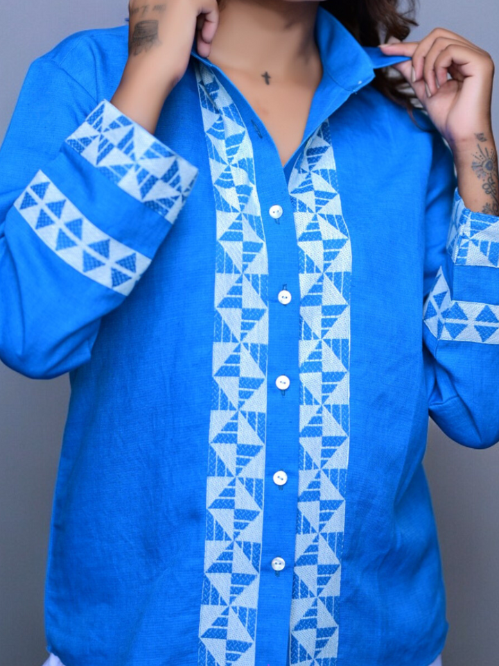 Handloom Blue Linen Shirt,  ladies t shirts, t shirts for women, shirts for women, women shirts, ladies t shirts and tops, women's shirts, blue t shirt women, crop t shirts for women, crop shirts for women, down shoulder t shirt, women crop shirt, women in blue shirts, crop shirt online, crop top and shirts, long shirts, shirts long, party wear long tops on jeans, linen shirts