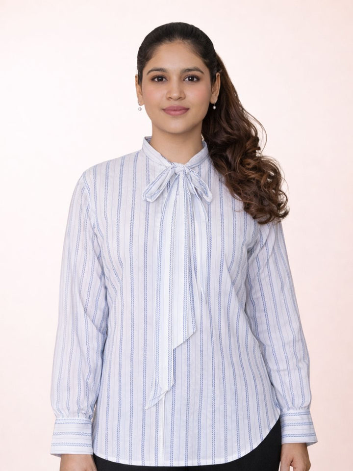 Rhythm Black And White Bow Top Shirt, cotton shirt, black and white shirts, bow shirts, indo-western shirts, modern ethnic shirts, office wear shirts