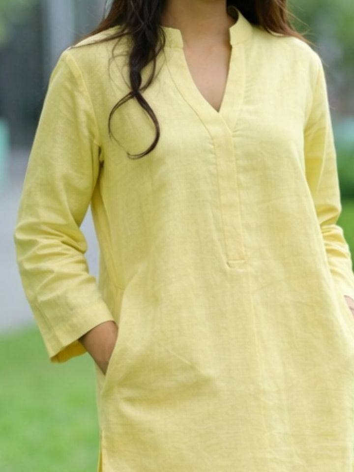 , Lemon Yellow A Linen Co-ord Set, cotton linen co ord set, yellow co cord set, set with pouch, blue pouch, small bag, matching pouch
