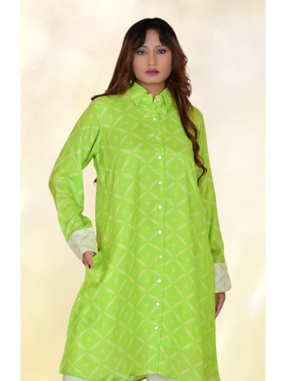 Green Muslin Meadow Shirt, muslin fabric shirt, green shirts, long shirts, indowestern shirts, modern ethnic shirts
