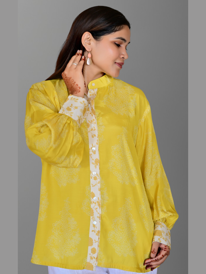 Yellow Muslin Meadow Shirt, muslin fabric shirt, printed shirts, indowestern shirts, modern ethnic shirts, office wear shits
