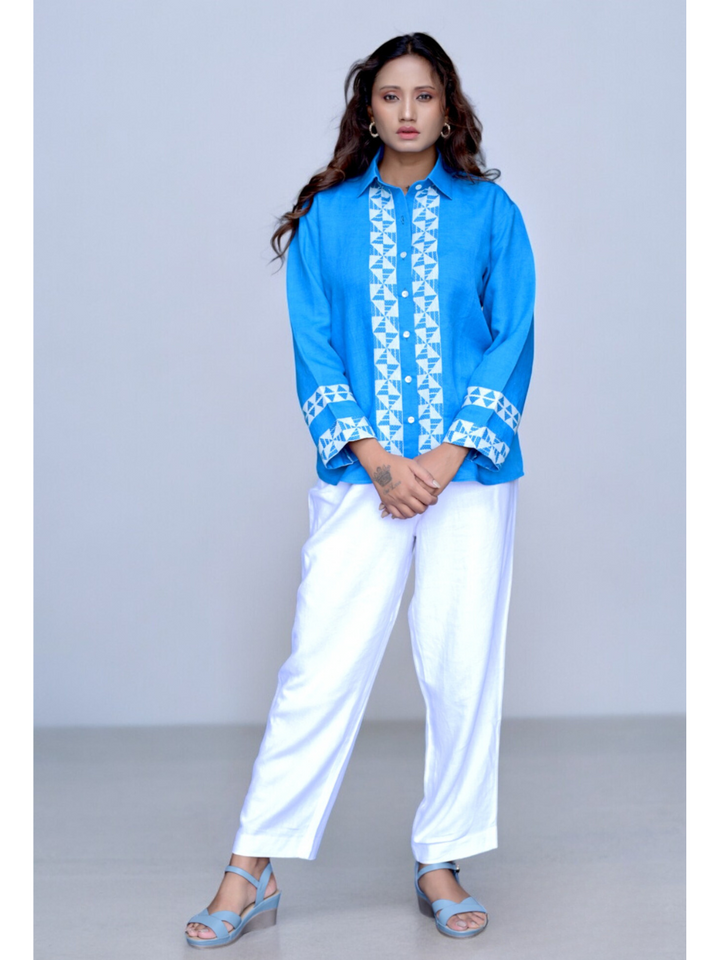Handloom Blue Linen Shirt,  ladies t shirts, t shirts for women, shirts for women, women shirts, ladies t shirts and tops, women's shirts, blue t shirt women, crop t shirts for women, crop shirts for women, down shoulder t shirt, women crop shirt, women in blue shirts, crop shirt online, crop top and shirts, long shirts, shirts long, party wear long tops on jeans, linen shirts