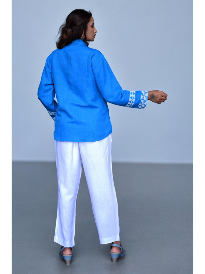 Handloom Blue Linen Shirt,  ladies t shirts, t shirts for women, shirts for women, women shirts, ladies t shirts and tops, women's shirts, blue t shirt women, crop t shirts for women, crop shirts for women, down shoulder t shirt, women crop shirt, women in blue shirts, crop shirt online, crop top and shirts, long shirts, shirts long, party wear long tops on jeans, linen shirts