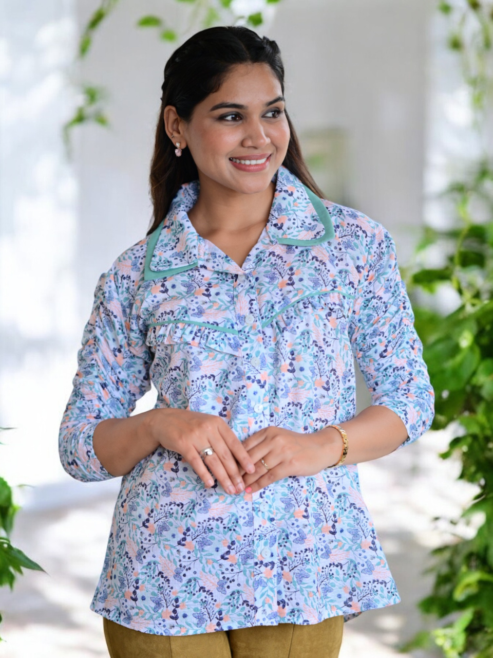  Serene Turquoise Shirt, viscose linen shirt, multicolor printed shirt, office wear shirt