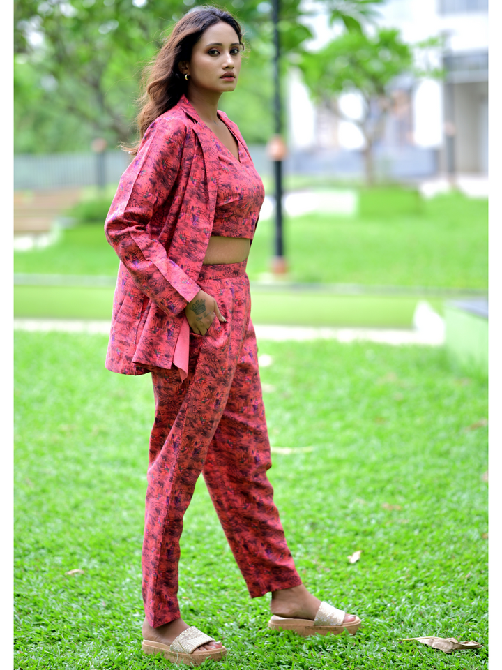 Serene Red Linen Set, three piece outfits for women, co ord sets women, coord set women, ladies co ord sets, co ord sets women, coords women, coord set for women, co ord, crop top co ord sets, ethnic co ords, ethnic co ord set women, co ord dress set, co ord sets for summer, co ord set women's party, co ord set women ethic, co ord sets women ethnic, Linen co ord set, red co cord set, jacket coords set
