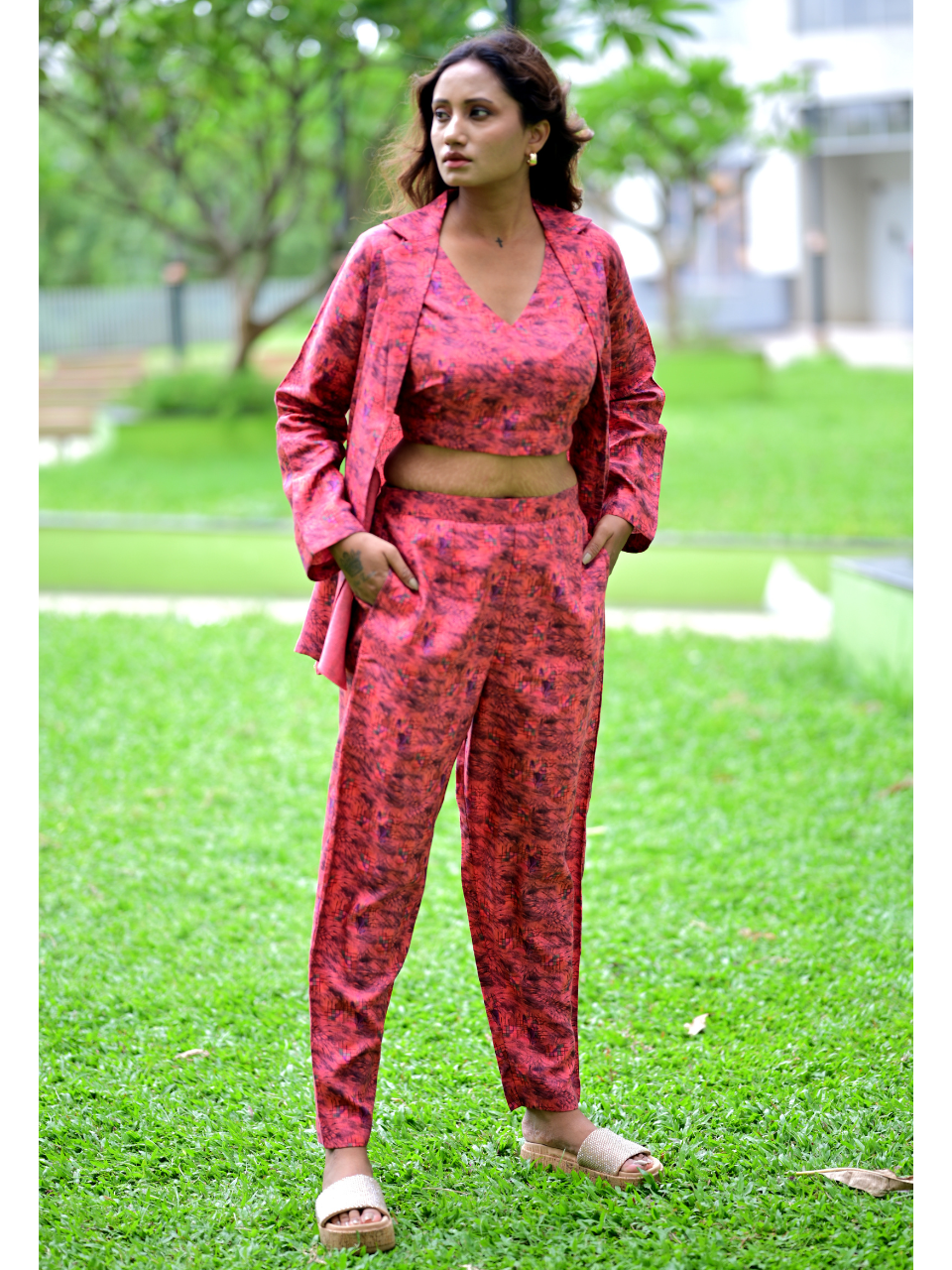 Serene Red Linen Set, three piece outfits for women, co ord sets women, coord set women, ladies co ord sets, co ord sets women, coords women, coord set for women, co ord, crop top co ord sets, ethnic co ords, ethnic co ord set women, co ord dress set, co ord sets for summer, co ord set women's party, co ord set women ethic, co ord sets women ethnic, Linen co ord set, red co cord set, jacket coords set
