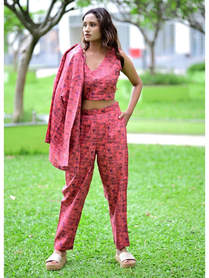 Serene Red Linen Set, three piece outfits for women, co ord sets women, coord set women, ladies co ord sets, co ord sets women, coords women, coord set for women, co ord, crop top co ord sets, ethnic co ords, ethnic co ord set women, co ord dress set, co ord sets for summer, co ord set women's party, co ord set women ethic, co ord sets women ethnic, Linen co ord set, red co cord set, jacket coords set