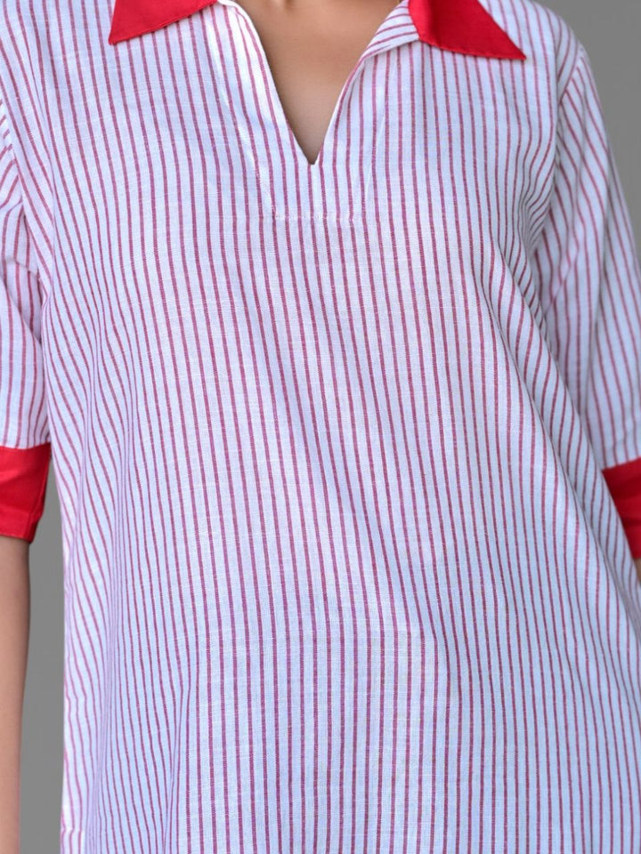 Red Stripes Handloom Kurti, Handloom kurti, white kurti, modern ethnic kurties, office wear kurties
