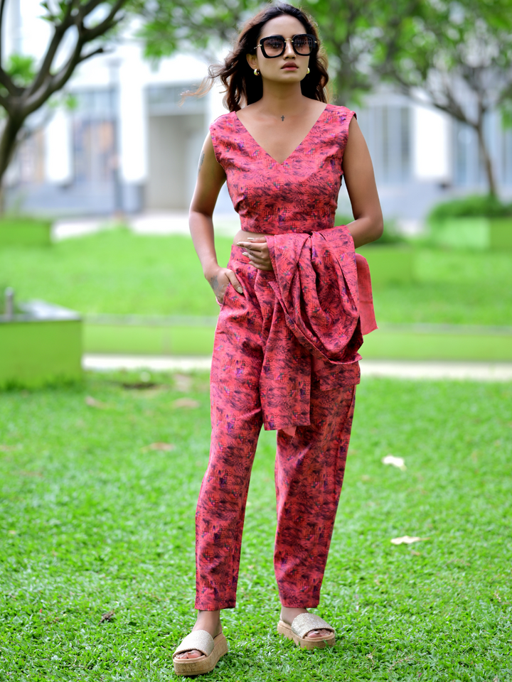 Serene Red Linen Set, three piece outfits for women, co ord sets women, coord set women, ladies co ord sets, co ord sets women, coords women, coord set for women, co ord, crop top co ord sets, ethnic co ords, ethnic co ord set women, co ord dress set, co ord sets for summer, co ord set women's party, co ord set women ethic, co ord sets women ethnic, Linen co ord set, red co cord set, jacket coords set