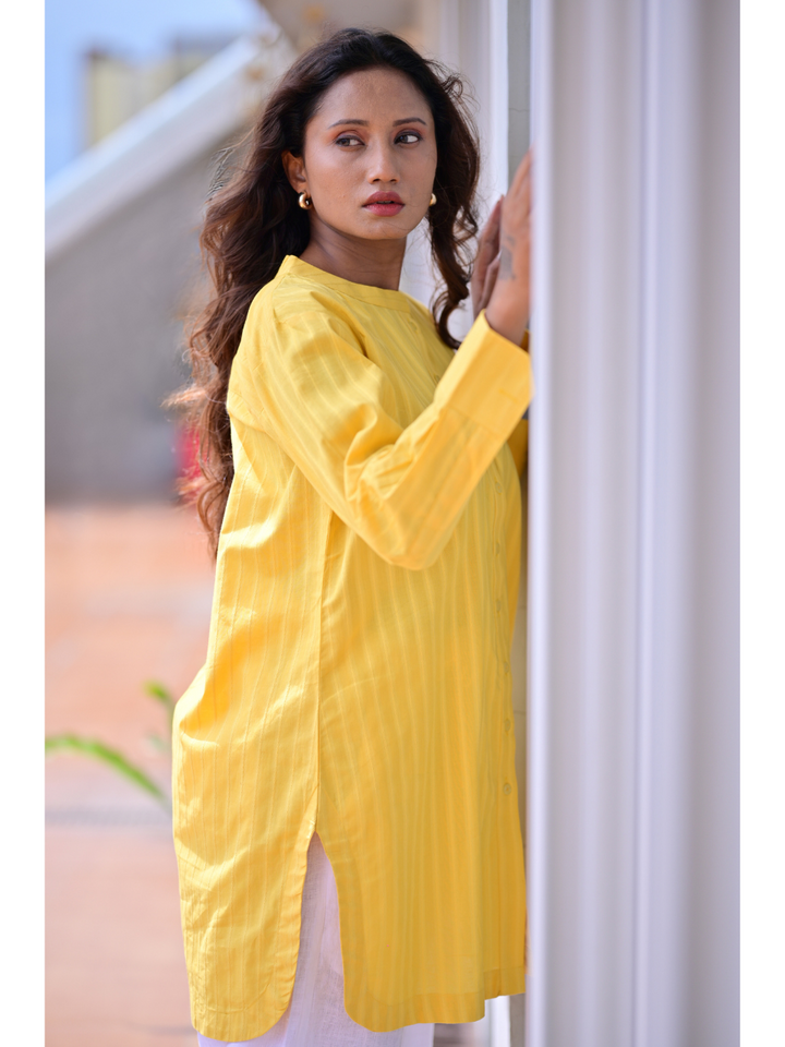 Leno Lite Mustard Shirt, ladies shirts, shirts for women, Leno weave shirt, yellow shirt, Long shirts