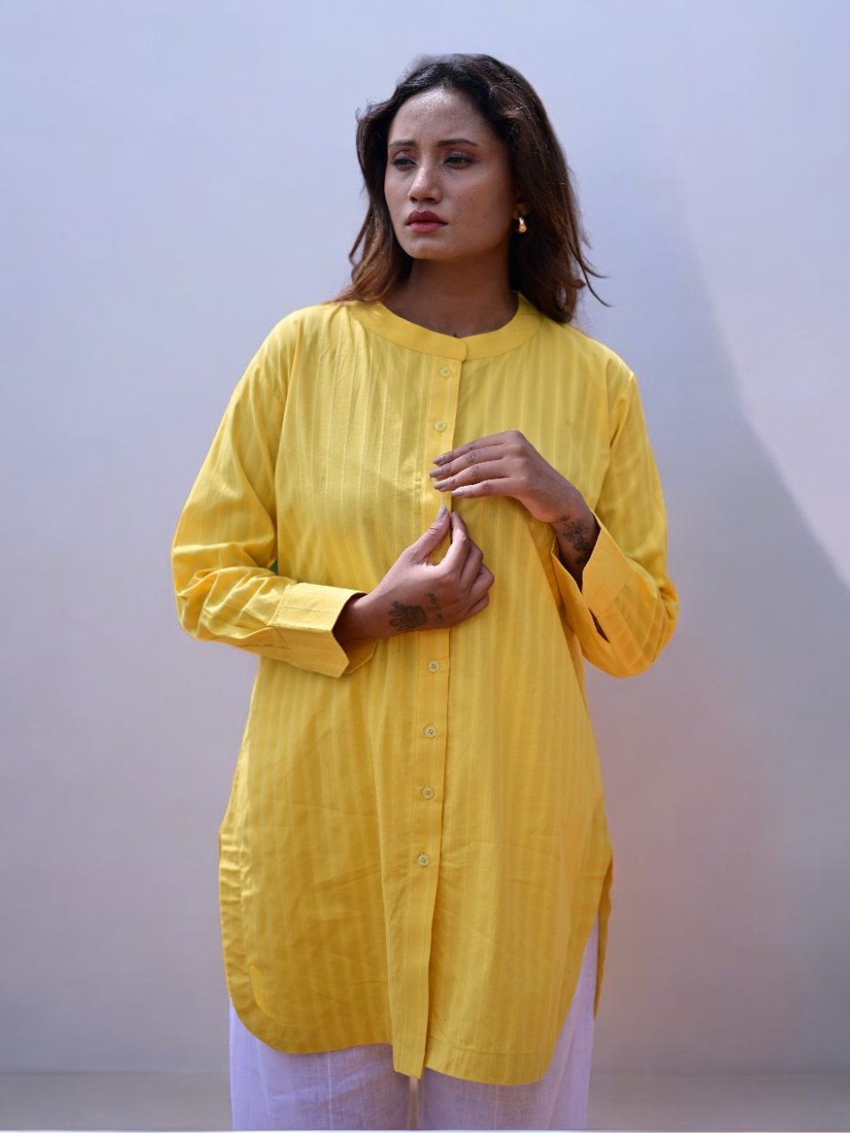 Leno Lite Mustard Shirt, ladies shirts, shirts for women, Leno weave shirt, yellow shirt, Long shirts