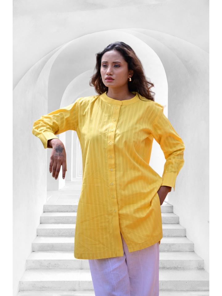 Leno Lite Mustard Shirt, ladies shirts, shirts for women, Leno weave shirt, yellow shirt, Long shirts