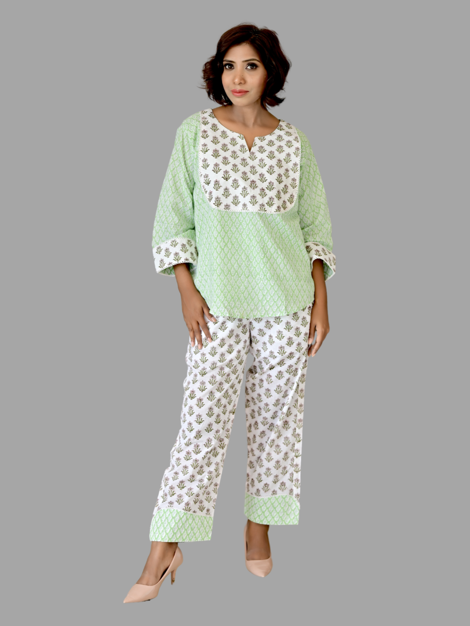 Mint Green crochet Pakistani Coord set with Stylish Plazo main image 0