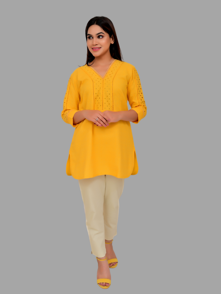 Yellow A Schiffli Kurti