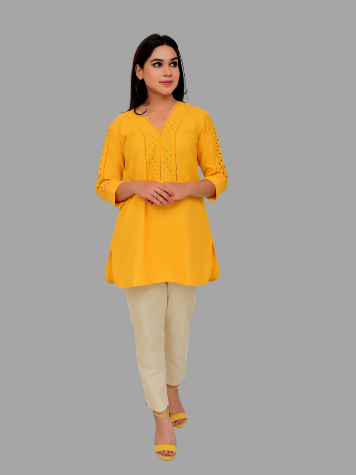 Yellow A Schiffli Kurti
