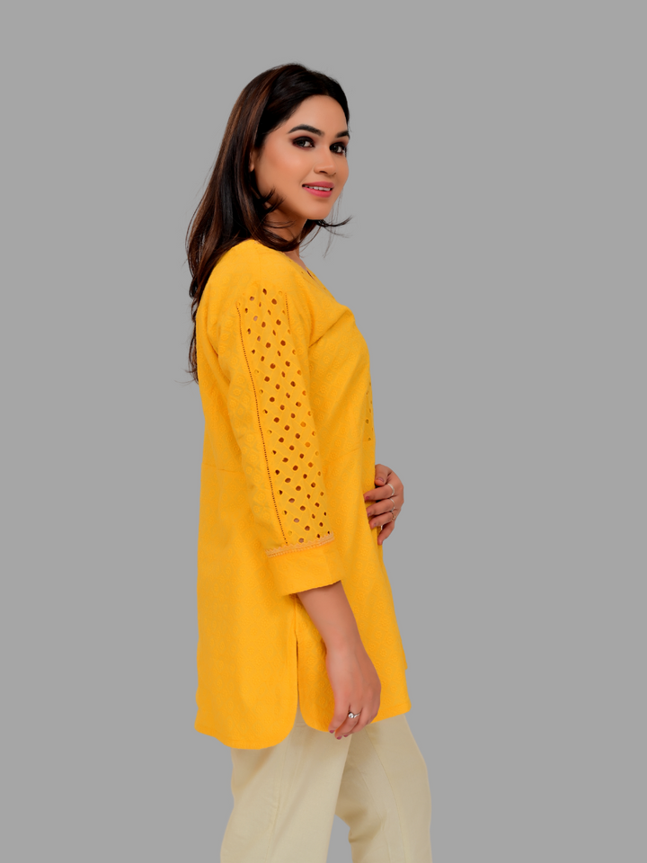 Yellow A Schiffli Kurti