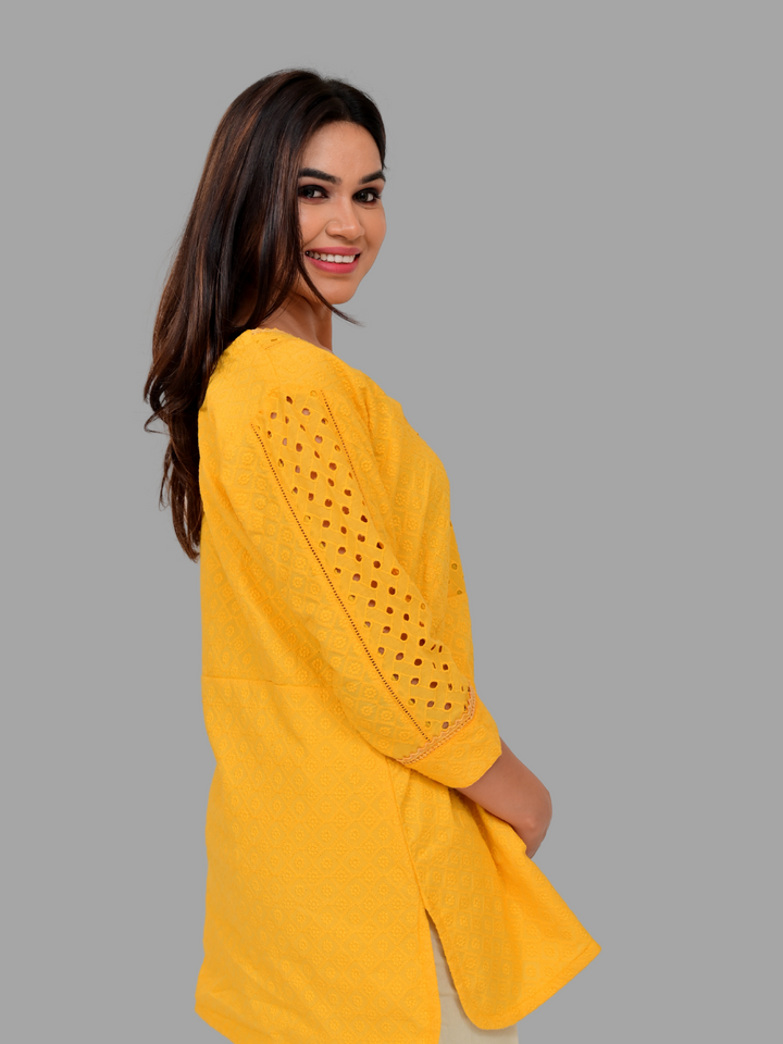 Yellow A Schiffli Kurti
