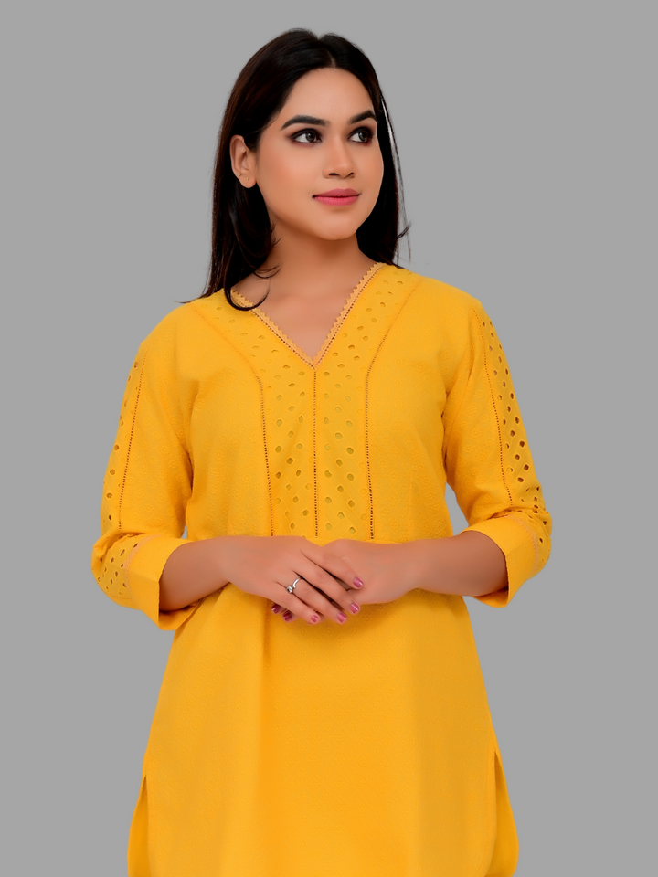 Yellow A Schiffli Kurti